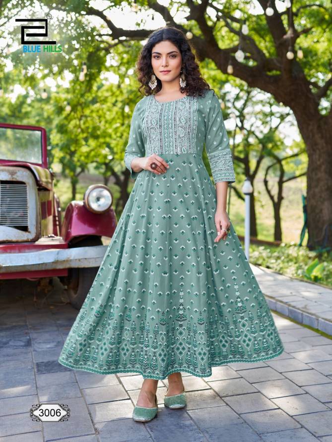 Inaya Vol 3 By Blue Hills Rayon Foil Printed Long Kurti Wholesale Shop in Surat
